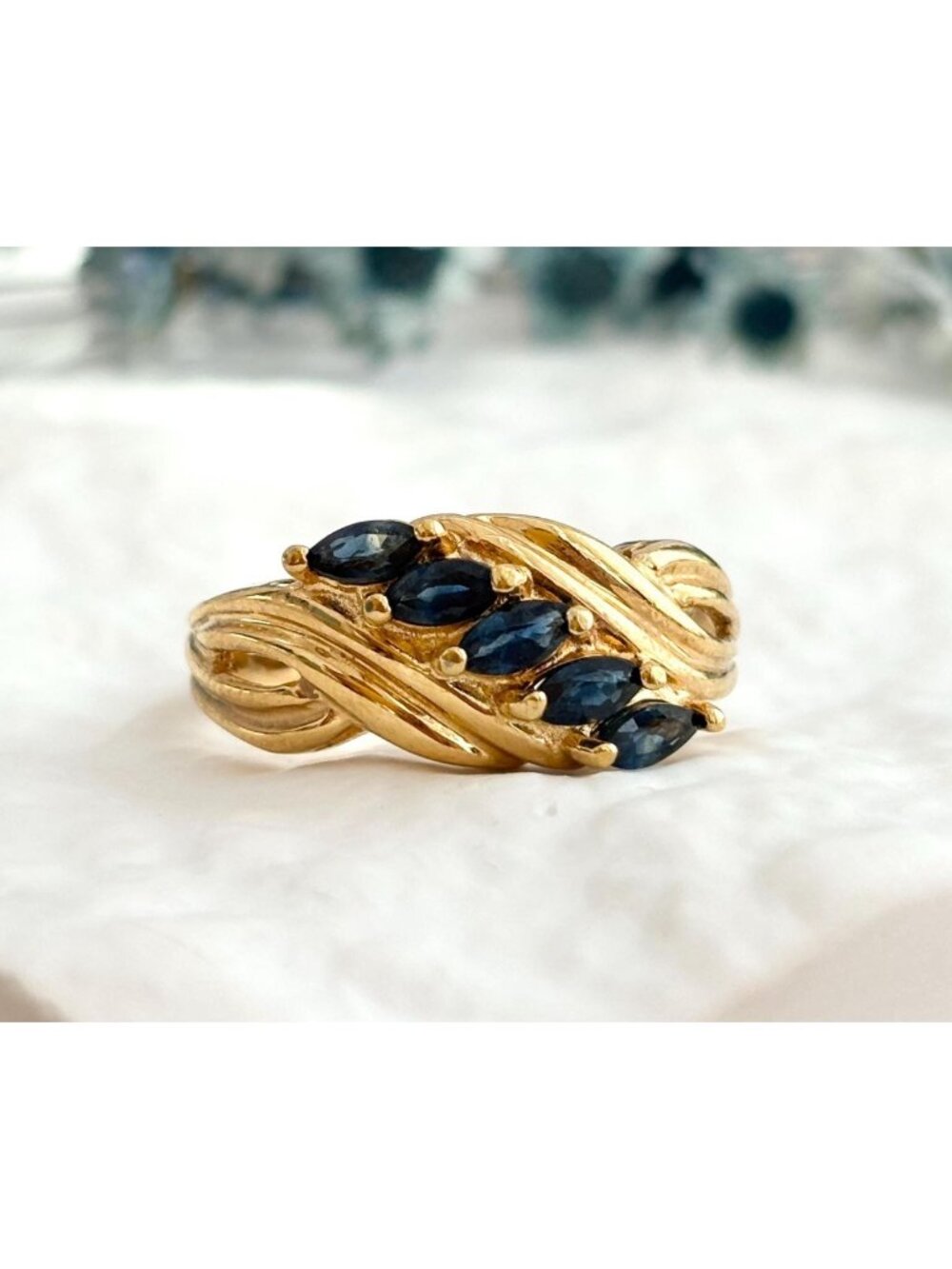 Blue Sapphire Diagonally Gold Overlay Sterling Silver 925 Vintage Ring - sz 9.25